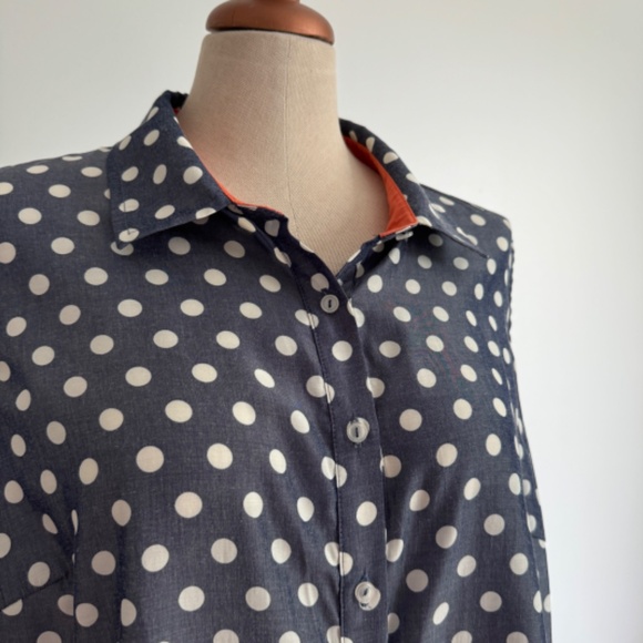 Laura - Blue and White Polka Dots Slevelless Button Down Shirt - Picture 2 of 9